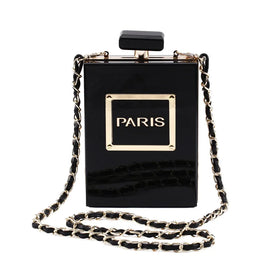 Gold Paris Perfume Shape Transparent Clutch Clear Box Banquet Handbag Chain Acrylic Purse