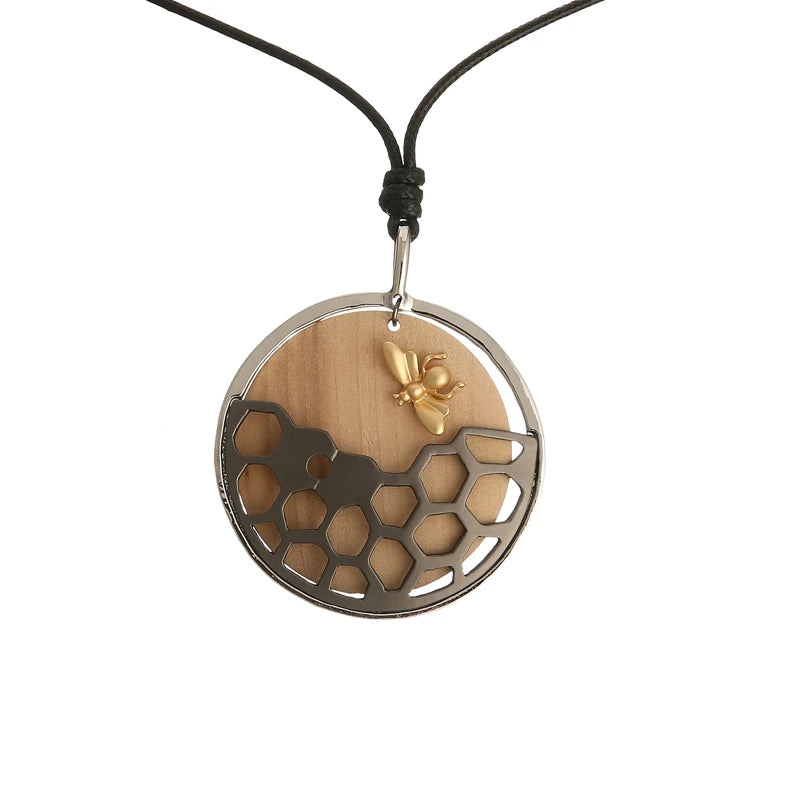 Wholesale Bling  Bee with Honeycomb Round Dangling Pendant Honeycomb Black Wax Cord Pendant Birthday Gift