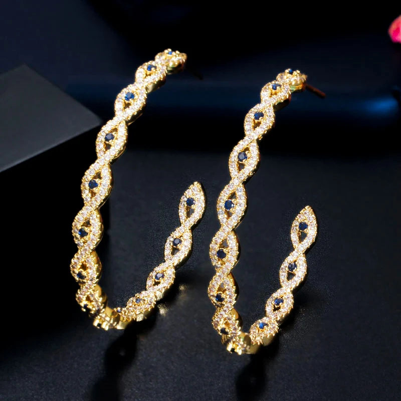 Personality African Gold Color Round Big Circle C-Shaped Twisted Hoop Earrings Women Jewelry with Royal Blue Cubic Zircon Stones