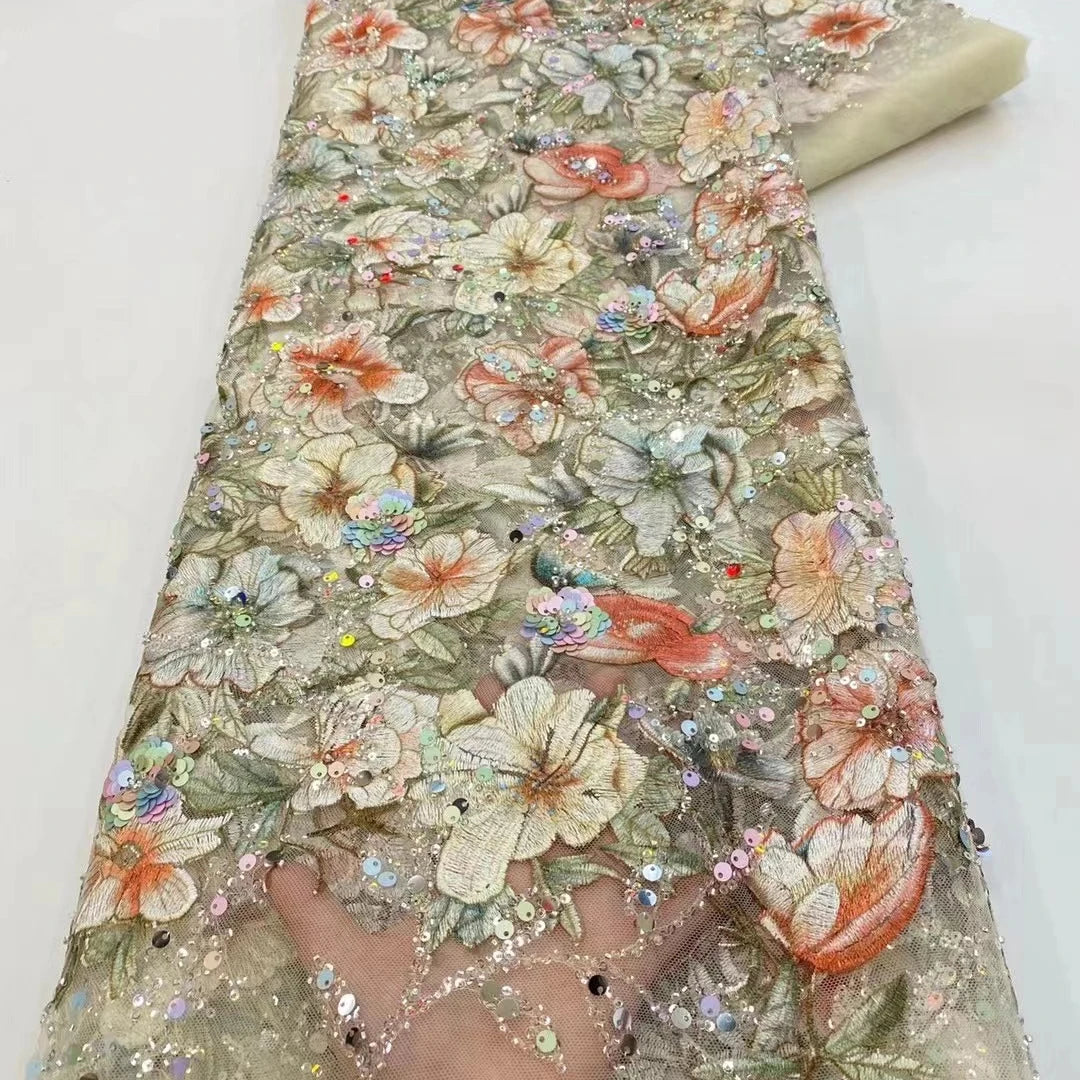 Pink Embroidery French Tulle Lace Fabric Sequin 100% Polyester Eco-Friendly 5 Yards Floral Pattern
