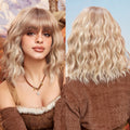 Factory Fast Delivery Natural Wave Wavy Hair Synthetic Bob Wig Blonde Golden Stripe Synthetic Hair No Glue False Scalp Rose Net
