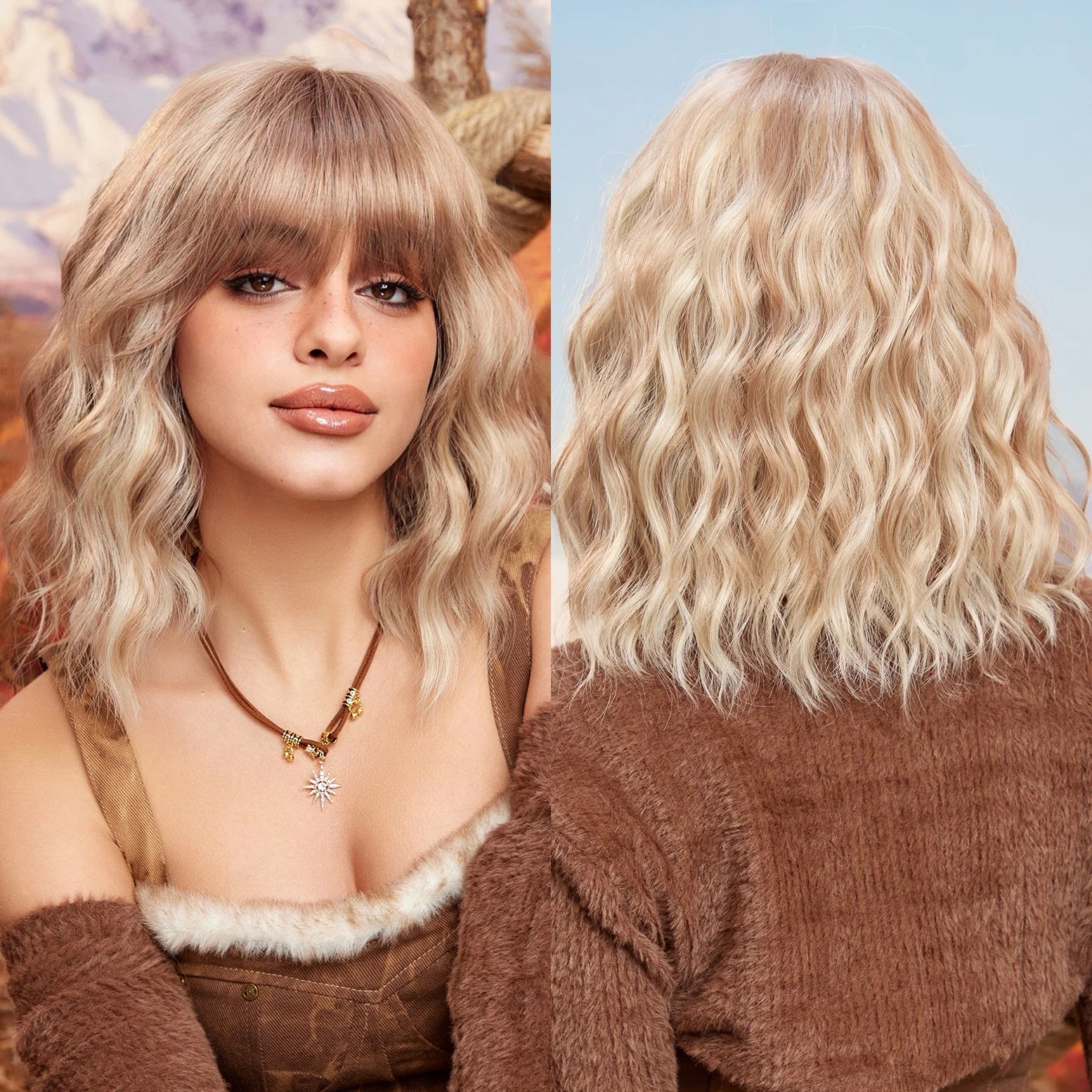 Factory Fast Delivery Natural Wave Wavy Hair Synthetic Bob Wig Blonde Golden Stripe Synthetic Hair No Glue False Scalp Rose Net