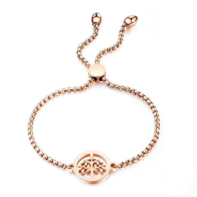 European Vintage Rose Gold Silver Titanium Steel Life Tree Charm Bracelet Box Chain Tree of Life Bracelet for Girls