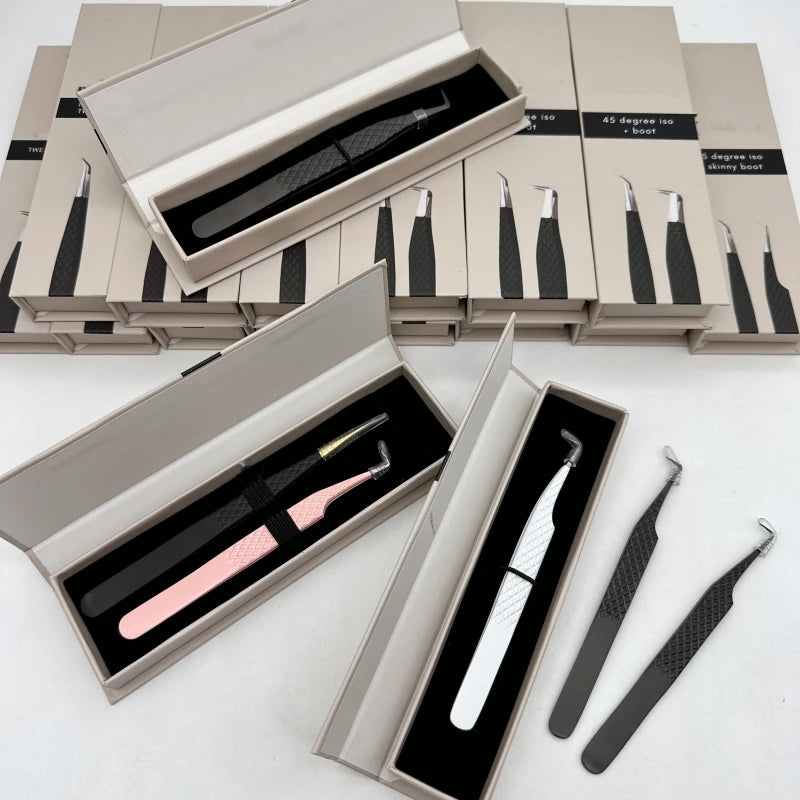 Custom Private Label Volume Tweezers Box Stainless Steel Lash Extension Eyelash Tweezers Package
