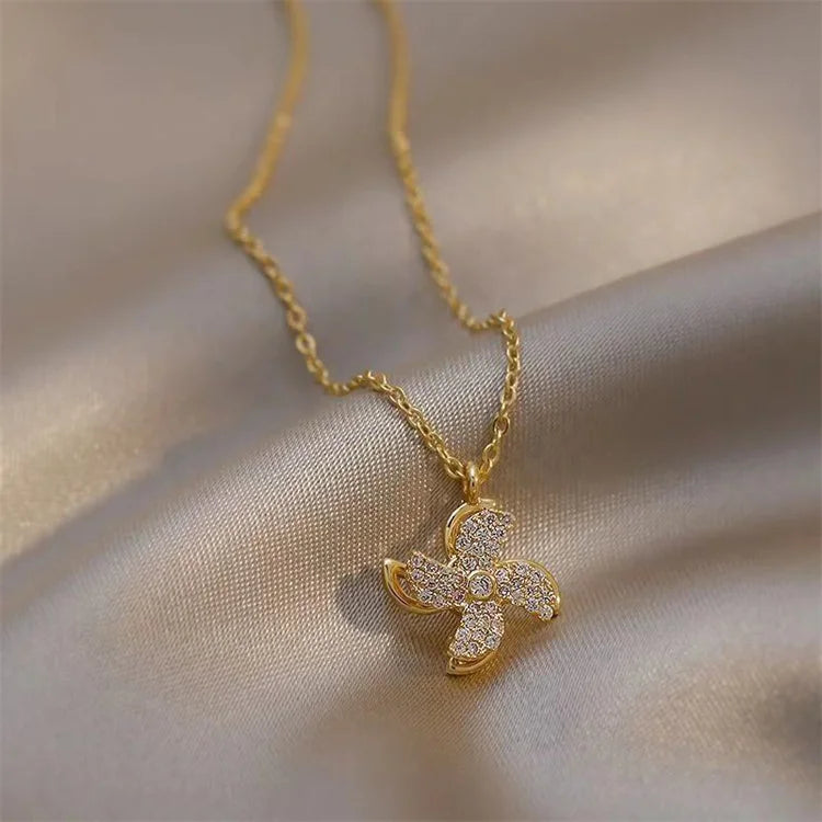 Wholesale Design Fine Jewelry New Luxury Women Titanium Steel Diamond Rotatable Windmill Necklaces