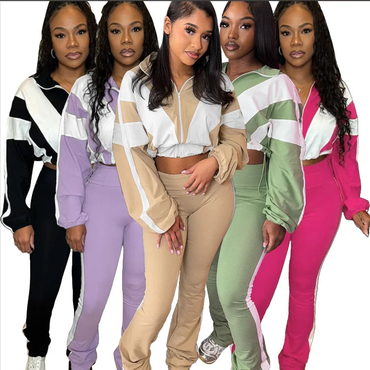 Custom logo 2025 Women Zipper up Jacket Patchwork Two Pieces Pants Sweatsuit Set Tracksuit Woman Jogger Set