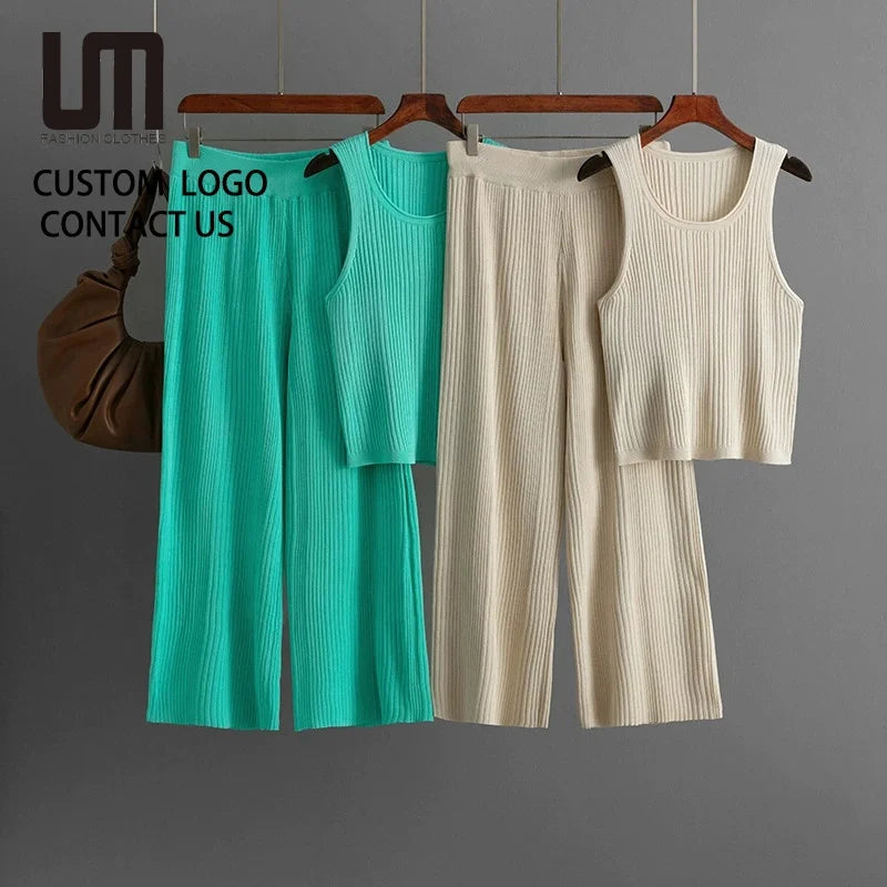Clearance Sales Summer Women 2-Piece Set Casual Knit Vest + Elastic Waist Pants Suit Sleeveless Solid Tops Lounge Outfits