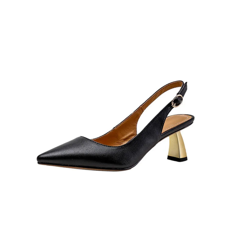 Retro Pump Sandals Women's Summer New Medium Heel Soft Leather Stiletto High Heels Pointed Toe Pointed Toe High Heel Shoes
