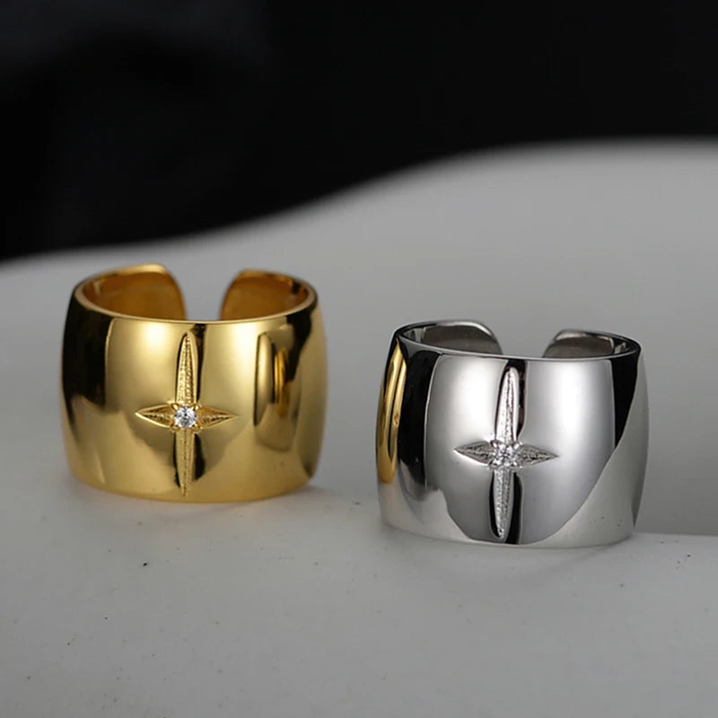 Fine Jewelry 925 Sterling 18k Gold Plated Minimalist Personality Star Ring Men Women Hip Hop Zircon Open Rings for Girls