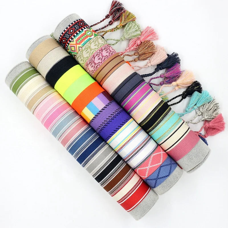 Adjustable 2cm Width Friendship Braided Webbing Tassel Embroidered Bracelet High Tenacity 100% Polyester