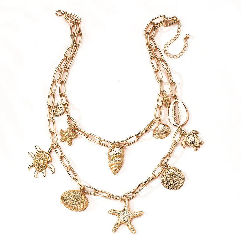 Multi-layer Ocean Style Gold Pated Alloy Turtle Tortoise Starfish Conce Shell Personality Bohemian Chunky Chain Necklace