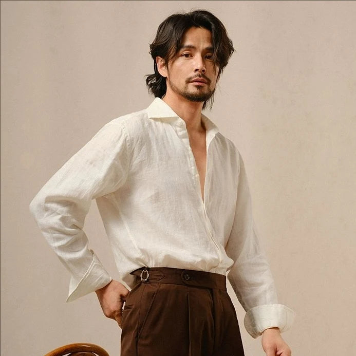 100% French Linen Breathable Shirt for Men in Spring and Summer Solid Italian Casual Windsor Collar Long Sleeved Men's Shirt