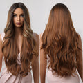Factory Inventory Long Wavy Brown Synthetic Wigs Highlight Golden Middle Part with Dark Roots Daily Wig for Heat Resistant