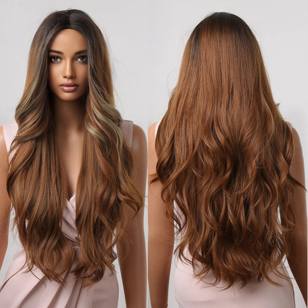 Factory Inventory Long Wavy Brown Synthetic Wigs Highlight Golden Middle Part with Dark Roots Daily Wig for Heat Resistant