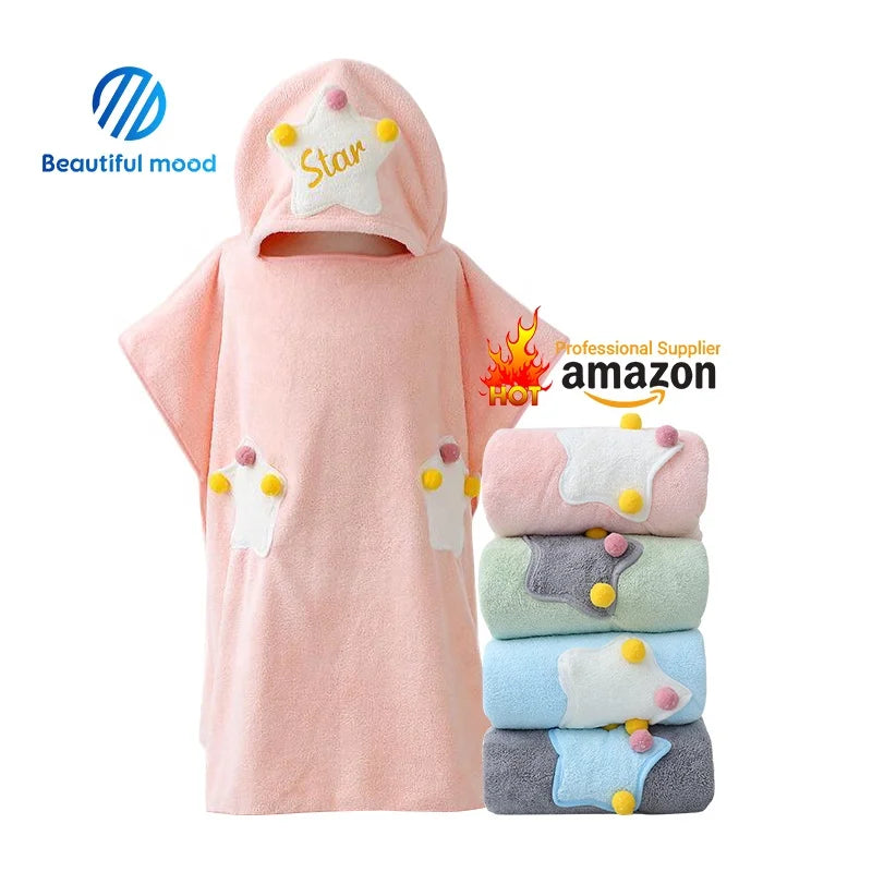 Wholesale Star Printed Microfiber Absorbent Poncho Kids Baby Beach Bath Hooded Towels