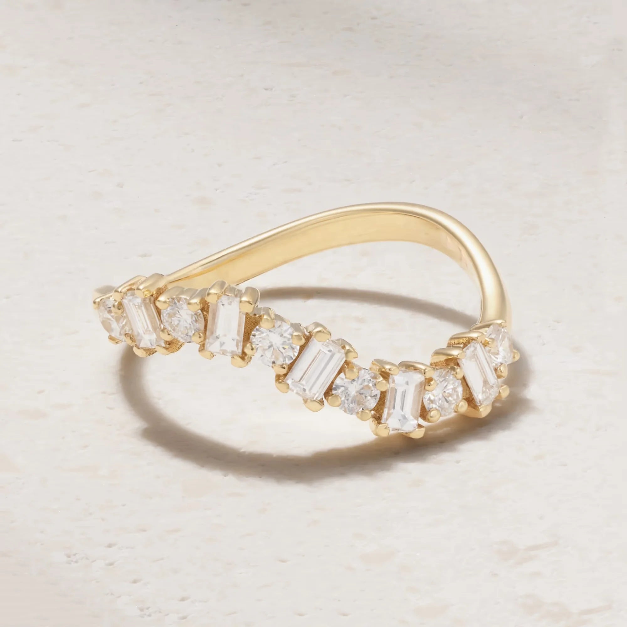 LOZRUNVE Sterling Silver 925 18k Gold Stacked  Baguette Diamond Half Eternity Wave Ring Women