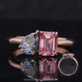 Two Stone Ring Sakura Pink Sapphire and Grey Moissanite Pear Ring for Women's Gift 10k Gold