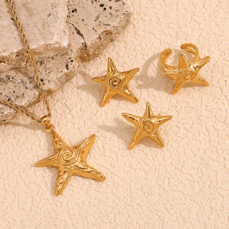 G3964 Wholesale Spiral Star Stud Earrings Stainless Steel 18K Gold Plated Starfish Pendant Necklace Ring Earrings Jewelry Set