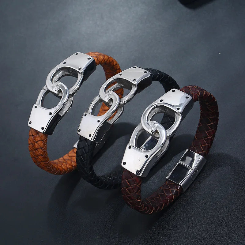 Wholesale Fashion Rope Braided Leather Men Bracelet with Titanium Steel Connector