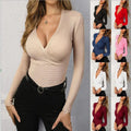 Women's v Neck Blank t Shirts Fashion Shirts Ribbed Knit Blouse Women Tops Plain Black t Shirts Wholesale