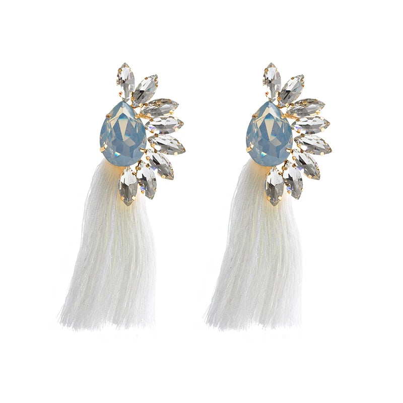 Retro Ladies Multi Color Cotton Thread Tassel Earrings Rhinestone Glass Geometric Tassel Earrings Bohemian Jewelry