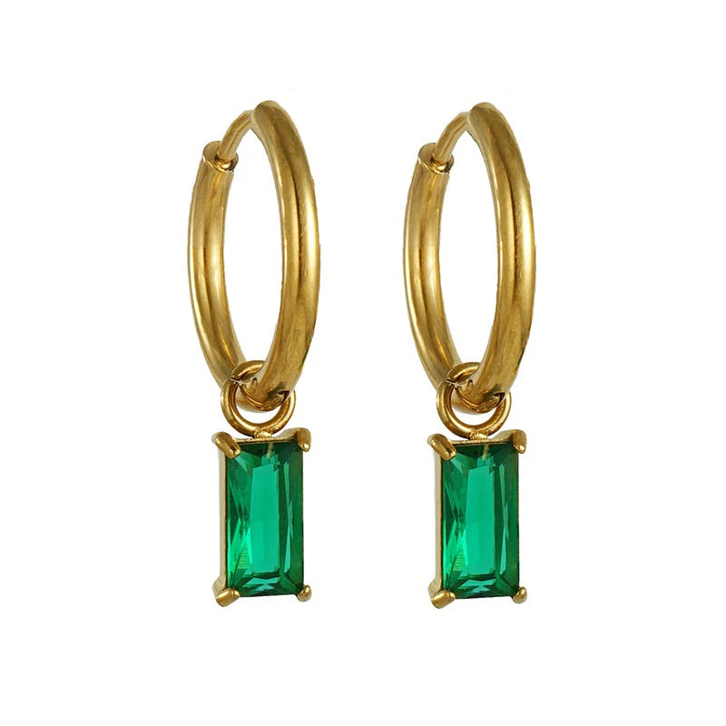 Fashion Pendant Zircon Huggie Earrings 18K Gold Plated PVD CZ Green Red Square Cubic Zirconia Zircon Hoop Earrings