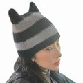Custom Fuzzy Beanies Plush Hat With Cat Ear Cute Devil Cat Ears Striped Knitted Mohair Beanie Hat