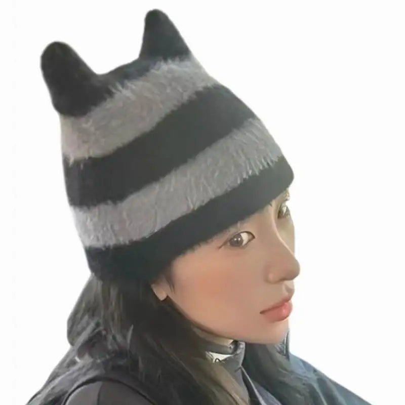 Custom Fuzzy Beanies Plush Hat With Cat Ear Cute Devil Cat Ears Striped Knitted Mohair Beanie Hat