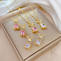 Real Gold Plated Stainless Steel Micro Inlaid Zirconia Easter Necklace Earring Set Pink Bunny Jewelry Rabbit Pendant Necklace