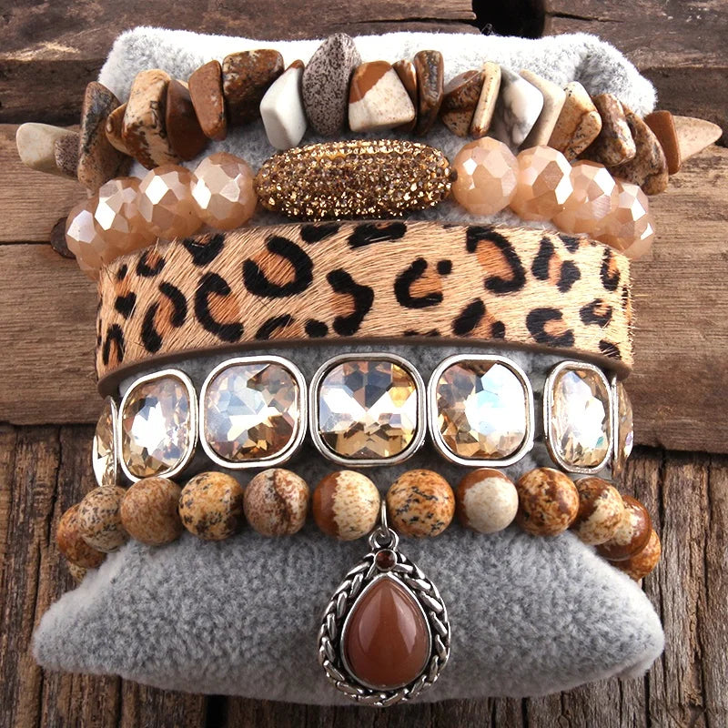 Women Gift Fashion Boho Jewelry Natural Chip Stone Bracelet Horsetail Bling Crystal Bracelet Stack Bracelets Sets