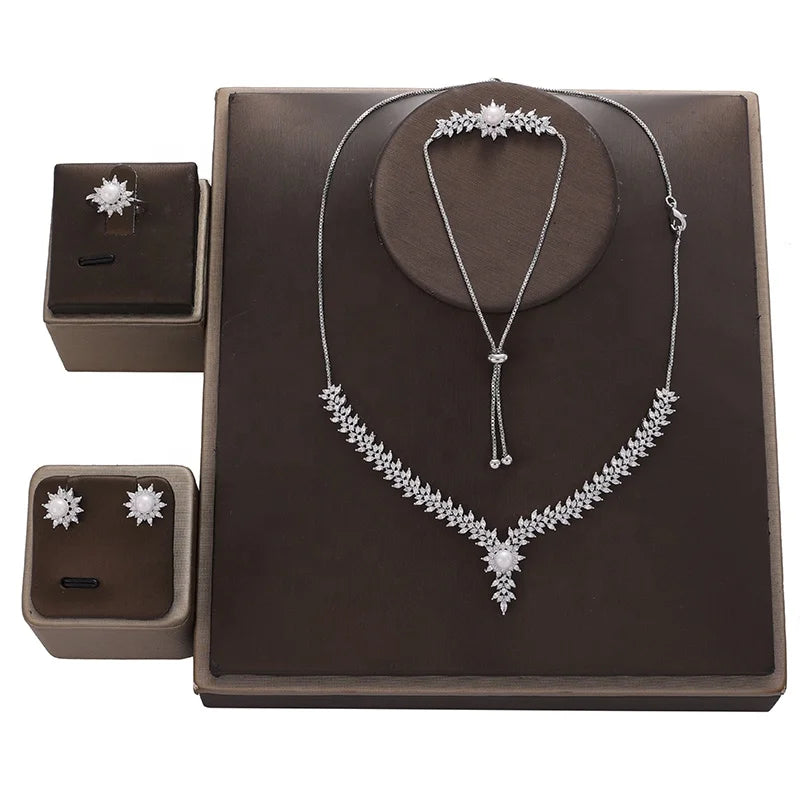 Saudi Arabia Gold Adjustable Box Chain Choker Necklace Set Bracelet Earrings Ring Copper Cubic Zircon Bridal Jewelry Set CN3340