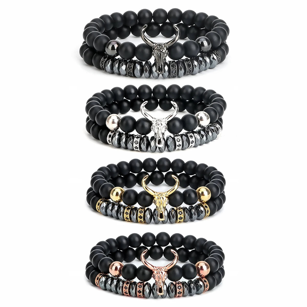 Black Matte Onyx Bead Bracelets for Men Charm Black Bull Ox Head Chakras Aromatherapy Essential Oil Gemstone Jewelry