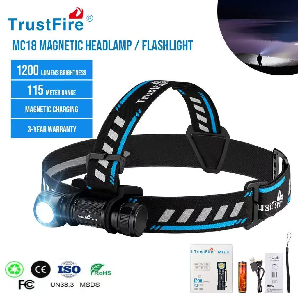 Factory Wholesale TrustFire MC18 Rechargeable Waterproof Headlamp 1200Lumen Powerful Led Magnetic Flashlight for Hiking Fishing