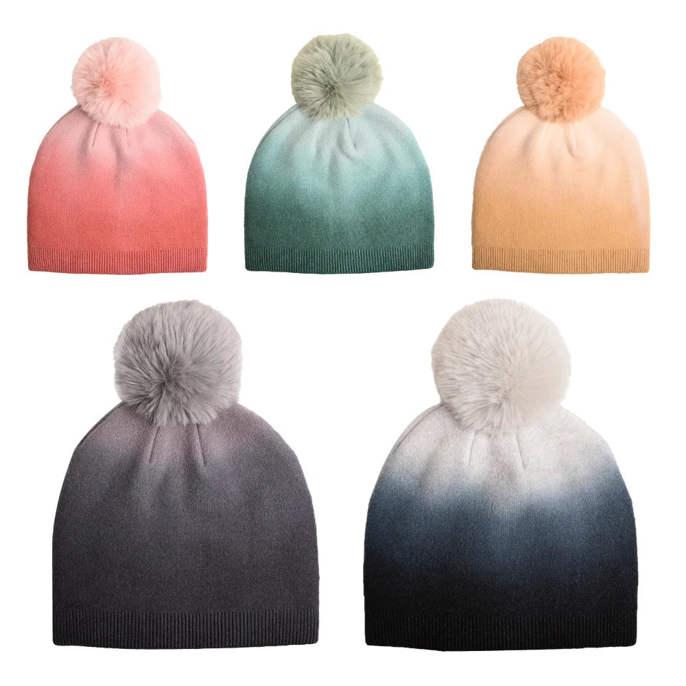 Pompom Knitted Winter Hats Dye Gradient Color Knit Beanie Hat With Pom Pom Rib Knit Dip-dye Dashmere Hat for Outdoor
