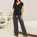 Women Spring Viscose Pajamas Thin Cardigan Casual Short Sleeve Top Plaid Trousers Set Ladies Two Pcs Set of Home Wear Wholesale