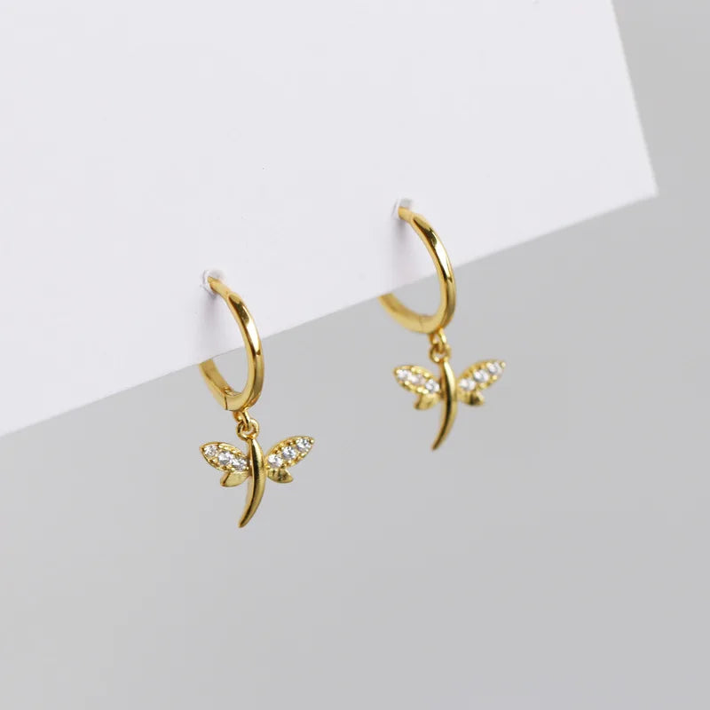 Rainbowking Unique Zircon Dragonfly Circle Drop Huggie 18k Gold Earrings Joias Brinco Feminino Minimalist Jewelry