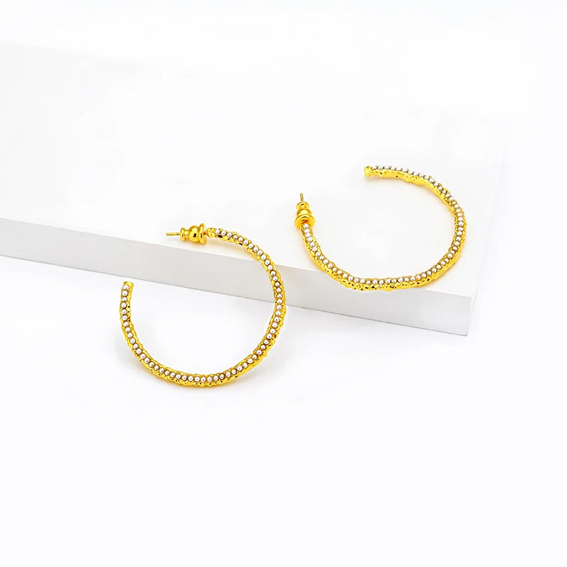 Wholesale Big Thin Circle Hoop Earrings Fashion Lava Rock Style Gold Plated Brass Pearls Inlaid Statement Jewelry for Women