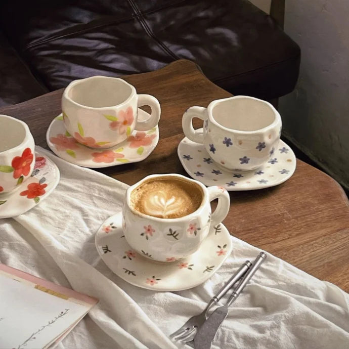 Classic Hand-Painted Flower Pattern Ceramic Coffee Cup Customized Logo Afternoon Tea Mug and Saucer Set