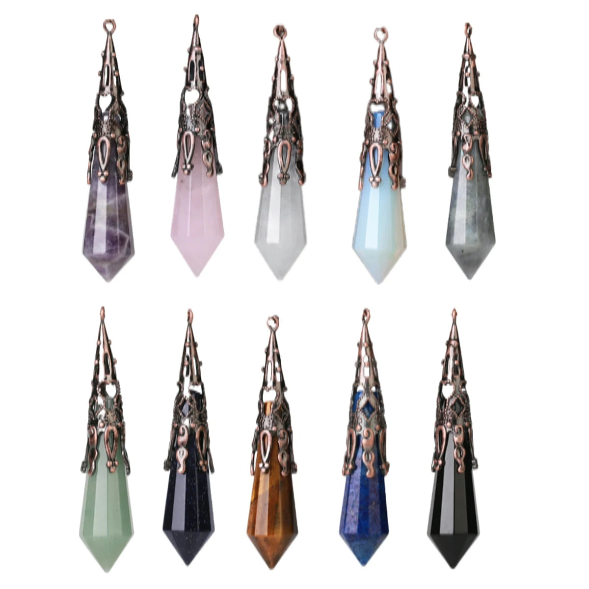 Vintage Copper Retro Hollow Pattern Stone Pendulum Crystal Natural Stone Charms Divination Hypnosis Healing Soul Witchcraft