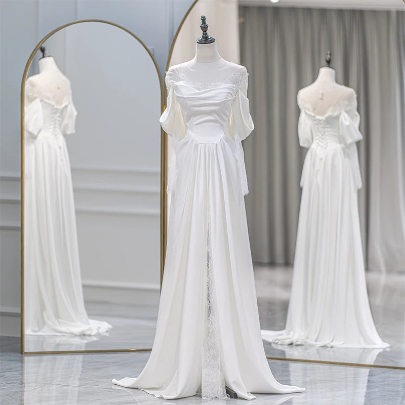 Jancember Qw01555 Elegant O-Neck Long Sleeve Satin Lace up Backless Wedding Dress