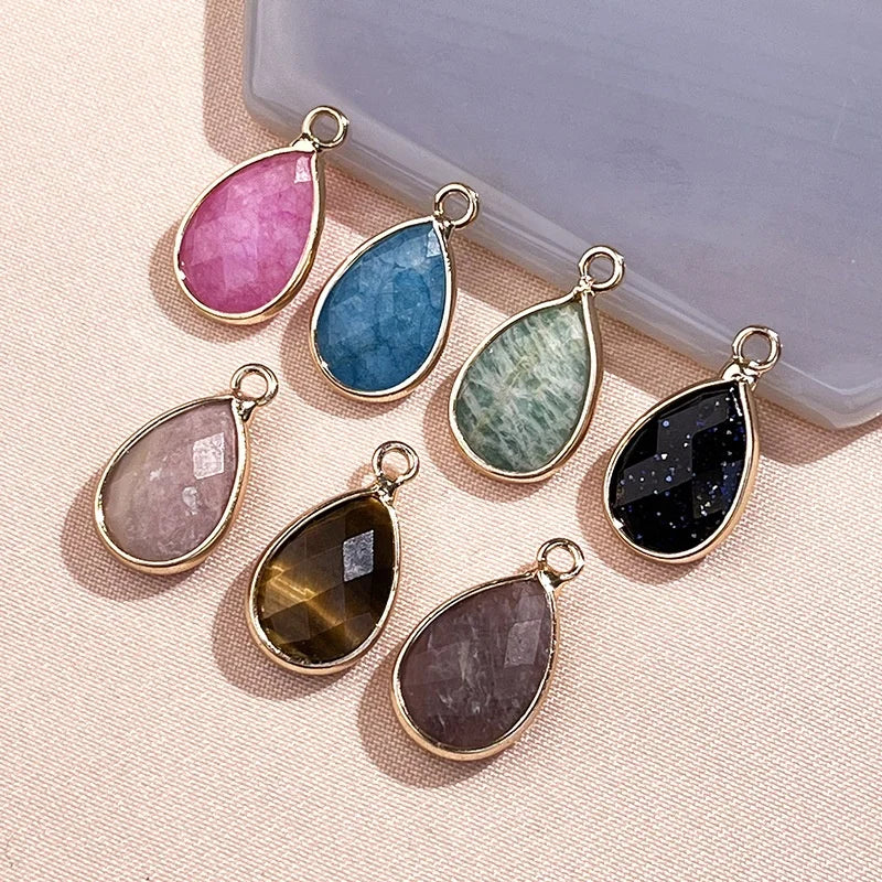 Teardrop Natural Gemstone Bezel Pendant Gold Plated Single Loop Pendant Charm Oval Shape Stone Connector Faceted Stone Pendant