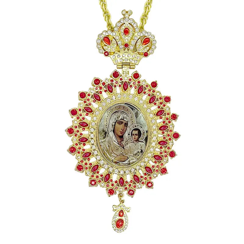 HT European American Style Orthodox Religious Shinny Mary Jesus Crystal Luxury Necklaces Pectoral Cross Necklace