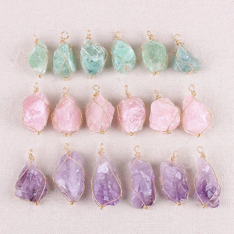 Gold Plated Natural Amethyst Gemstone Necklace Children's Charm Pendant Irregular Raw Crystal Wire Wrapped Healing Rough Pendant