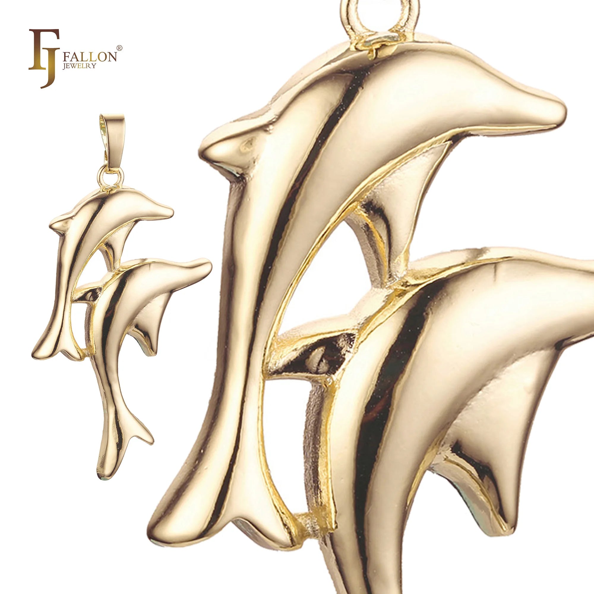 FJ Fallon Fashion Jewelry Double Dolphpendant Plated in 14K Gold Brass Based
