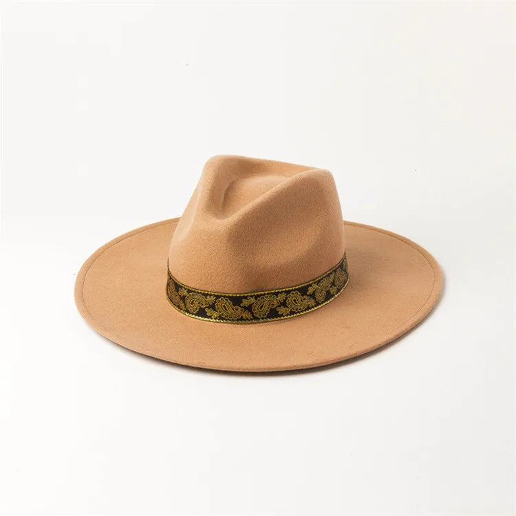 Unisex X1258 Wool Fedora Hat with Fashion Embroidery Wide Brim Jazz Cap for Casual & Outdoor Fashionable Felt Hat
