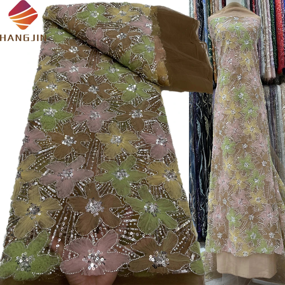 European Elegant Wedding Dress Fabric 3D Flower Pearls Beaded Applique French Sequins Embroidery Bridal Tulle Mesh Lace Fabric