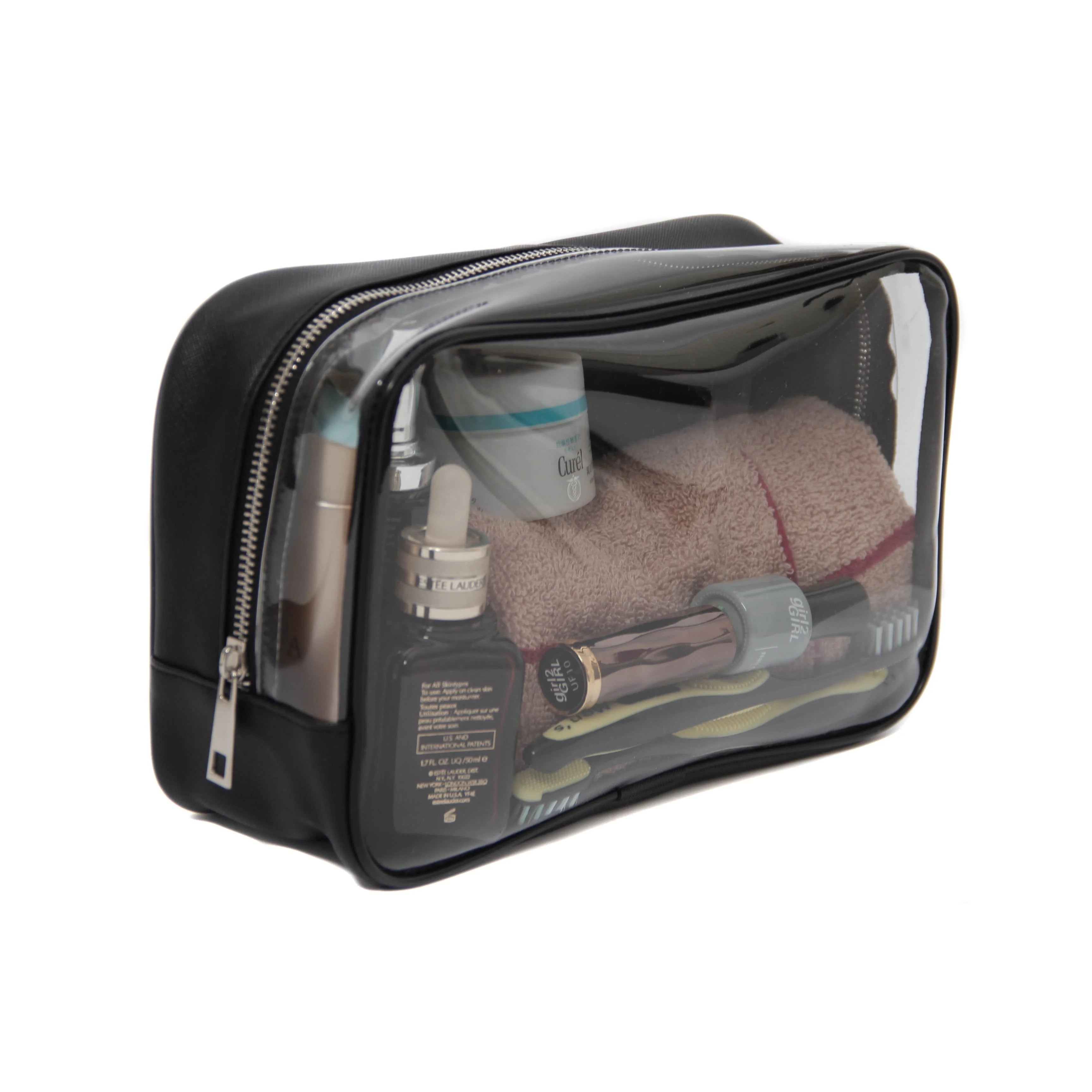 Lady's Travel Portable Makeup Bag Pouch with PVC Transparent Zipper Waterproof Cosmetic Hanging for Toiletry Bag