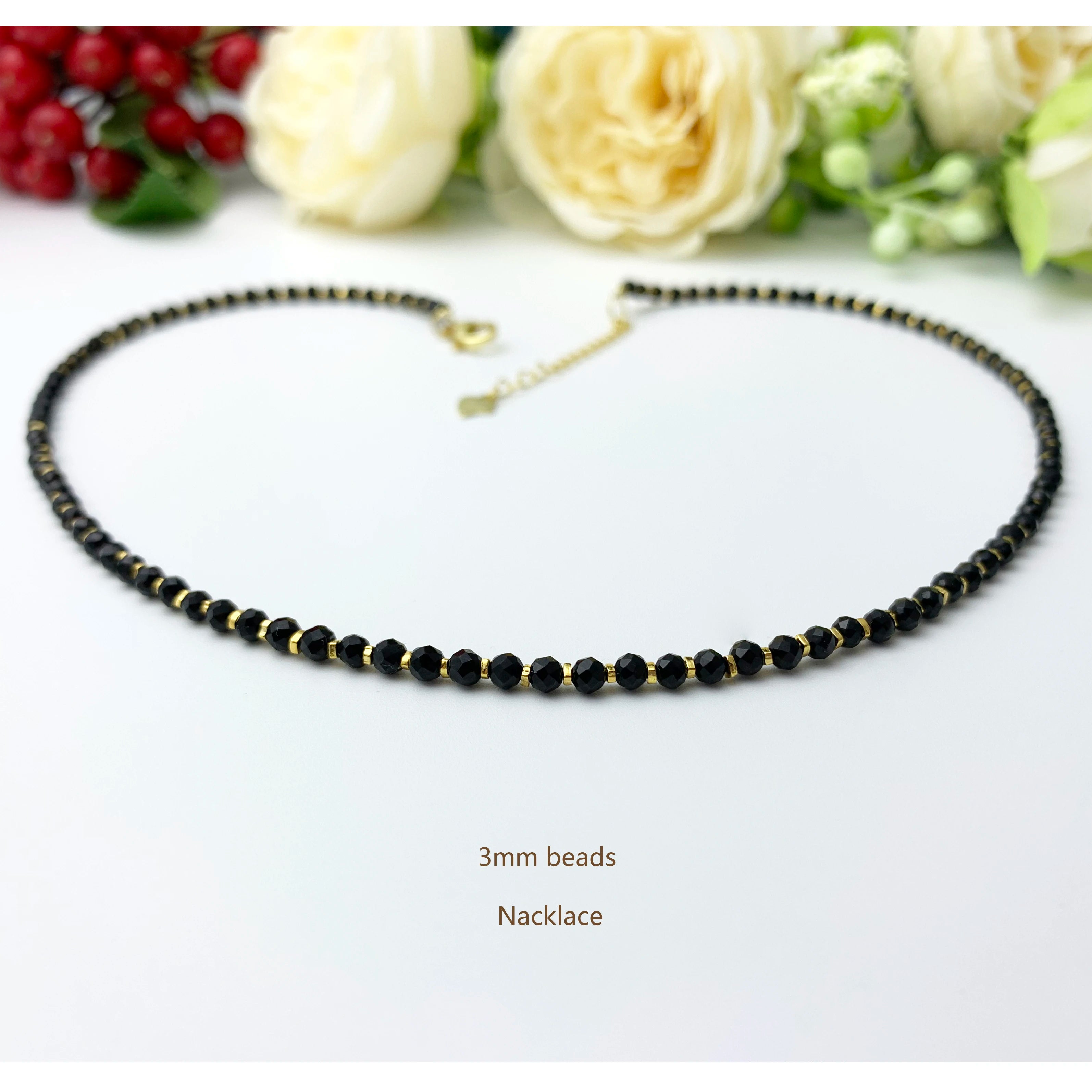 Gemstone Jewelry Black Spinel Faceted Beads Gold Plated 925 Sterling Silver Bohemian Style Women's Crystal Beaded Necklace