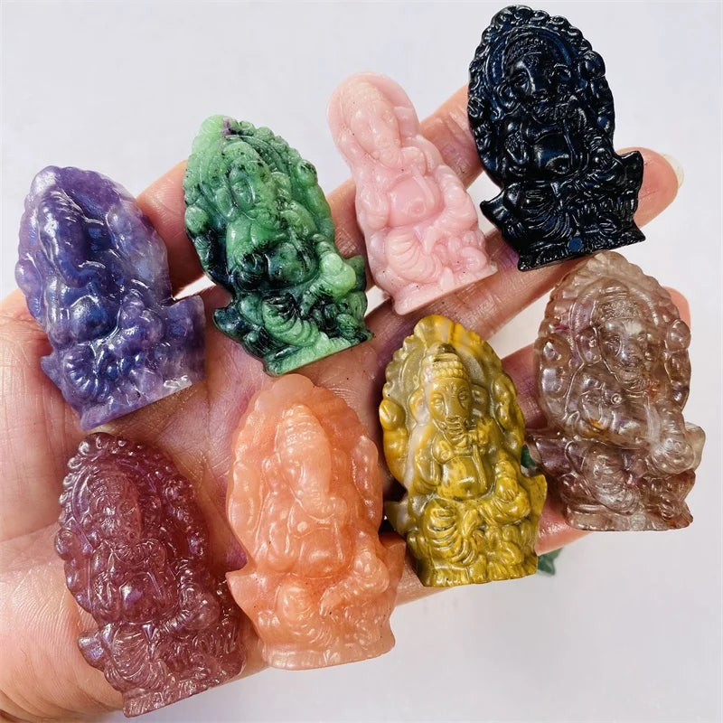 Hot Sale Hand Carved Crystal Crafts Natural  Strawberry Quartz Lepidolite Obsidian Ganesha for Healing Decoration
