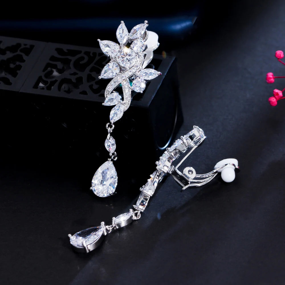 Elegant Design Non Pierced Cubic Zirconia Symmetrical Leaf Long Drop CZ Clip on Dangle Earrings for Women Wedding Brides Jewelry
